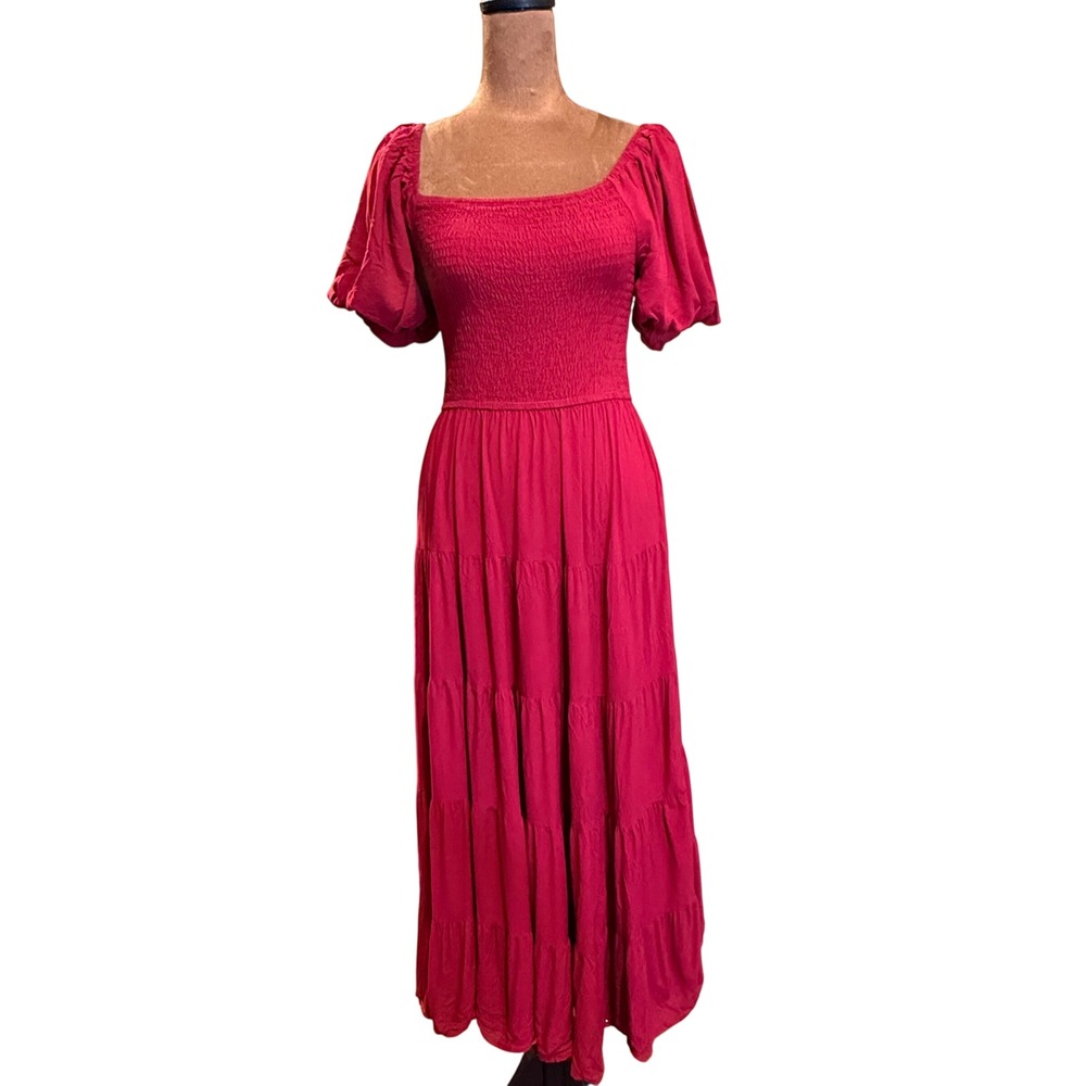 ZESICA Smocked Midi Dress Womens S Maroon Tiered Puff‎ Sleeve Boho Cottagecore